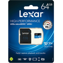 Lexar 633X microSDXC 64GB High-Performance A1 U3 UHS-I Memory Cards with SD Adapter (up to 95MB/s Read, Write 45MB/s)